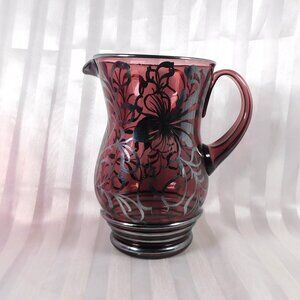 Purple Glass Pitcher with Silver Floral Design # 26189
